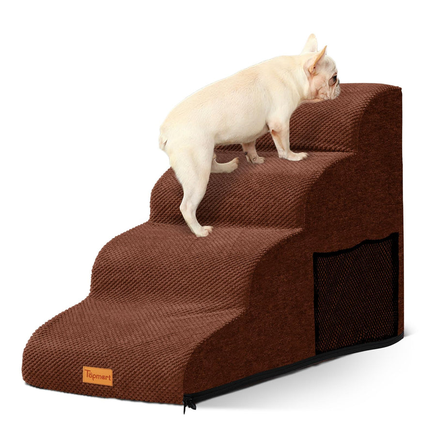 Dog Stairs for Small Dogs,4-Step,Foam Dog Steps&Ramps for Couch/High Beds with Waterproof &Removable Cover, Non-Slip,Brown