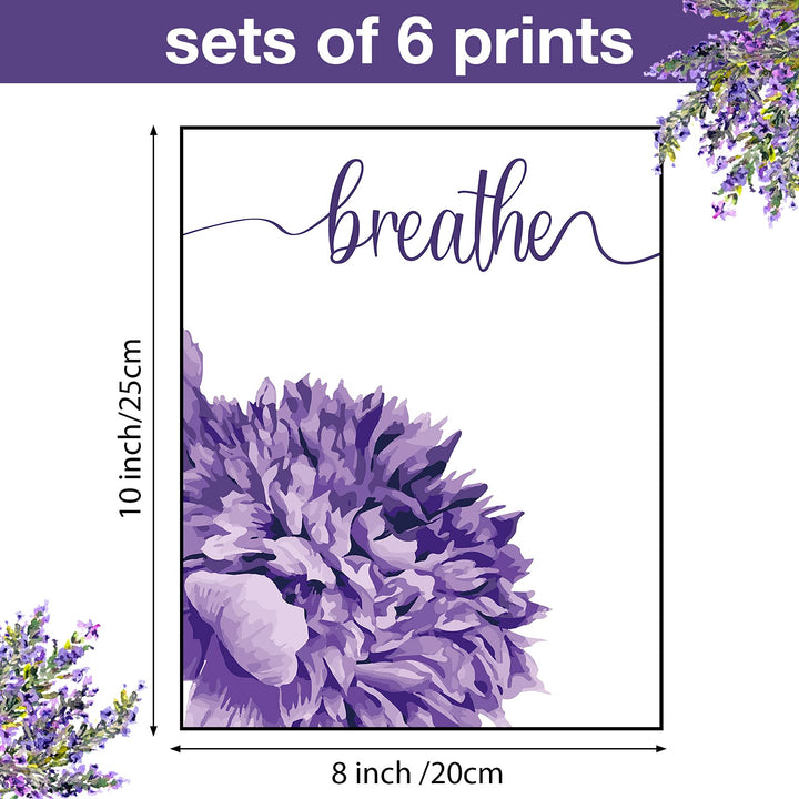 6 Pieces Purple Wall Art Decor Relax Soak Wash Breathe Unwind Bathroom Decor Unframed Flower Poster Prints Photos Farmhouse Wall Painting for Home Bathroom Washroom,8 x 10 Inch