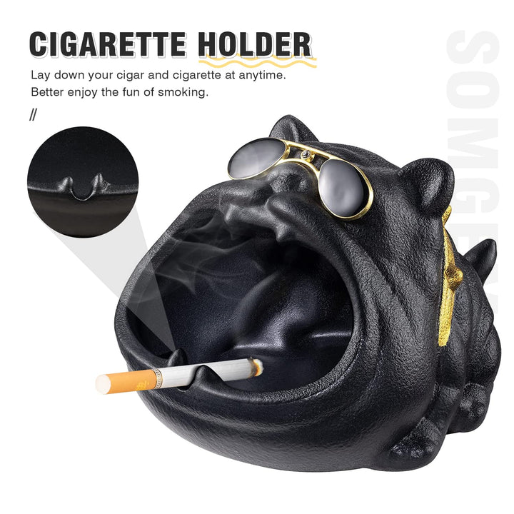 Outdoor Ashtray for Cigarette, Cool Ash Tray Sets for weed, Decorative Fancy Ashtrays of Black Bully Dog Design, Ceramic Desktop Ash Holder for Patio Home Office, Great Gift for Men Women