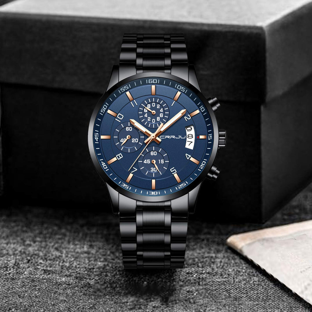 Mens Watches Luxury Casual Quartz Analog Black Stainless Steel Waterproof Chronograph Wrist Watches for Men