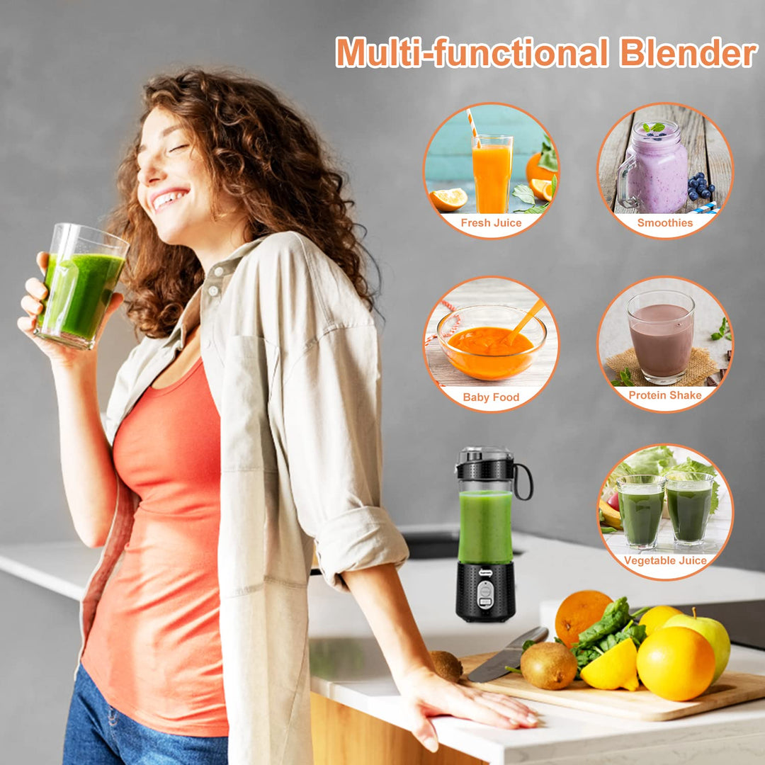 Portable Blender for Shakes and Smoothies, USB Rechargeable Personal Blender with 6pcs 3D Blades, Strong Blending Power, 13.5Oz &amp; Cleansing Brush for Travel, Office and Sports - Black