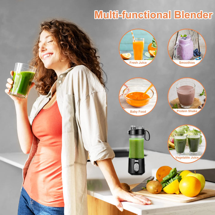 Portable Blender for Shakes and Smoothies, USB Rechargeable Personal Blender with 6pcs 3D Blades, Strong Blending Power, 13.5Oz &amp; Cleansing Brush for Travel, Office and Sports - Black
