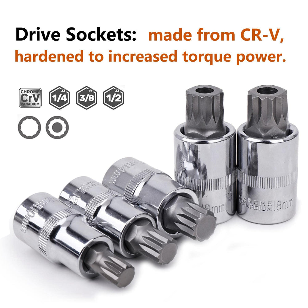 Spline Socket Bit Set 10pcs Square Triple Silver M4 - M18