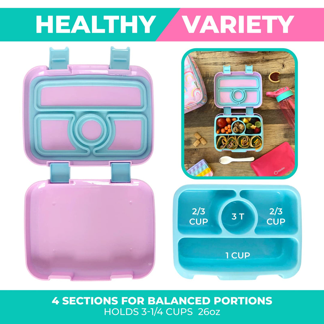Bento Lunch Box with Thermal for Kids Set, Insulated Lunch Bag with Ice Pack, Stainless Steel Food Jar for Hot Soup, Boxes with 4 Compartments, Purple Rainbow