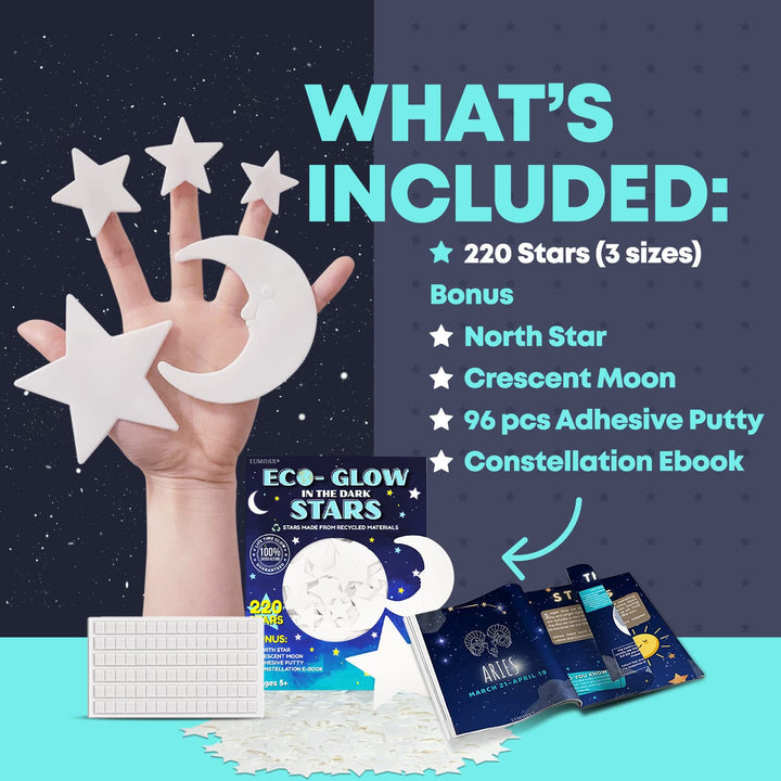Glow in The Dark Stars for Ceiling - Stars from Recycled Materials w/North Star, Moon &amp; Constellation E-Book | 220 pcs Ceiling Stars for Ceiling Decorations for Kids Room Decor