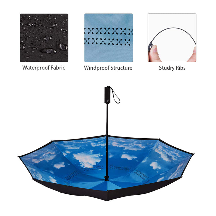 Inverted Umbrella Double Layer Automatic Folding Reserve Umbrella Windproof UV Protection for Rain Car Travel Outdoor Men Women Blue Sky