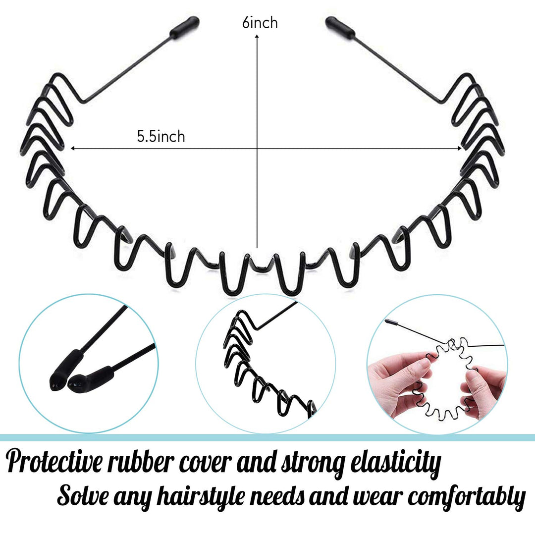 Metal Headbands for Men Women,Fashion Spring Wavy Black Non Slip Hair Bands 8 PCS