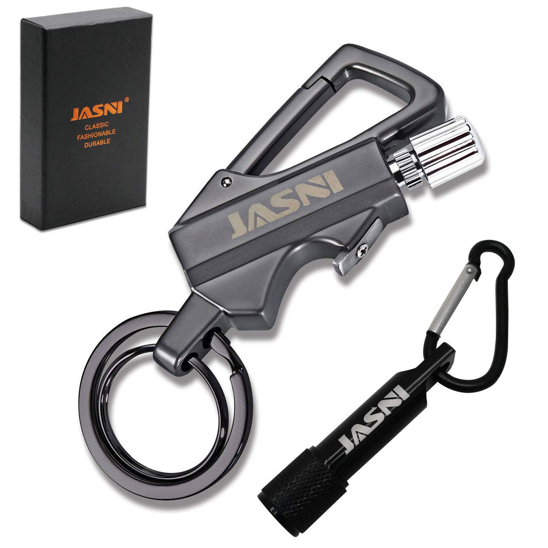 Keychain Multitool with Flint Metal Matchstick Fire Starter Bottle Opener Mountaineering Buckle Mini Flashlight Car Key Rings Kerosene Refillable Lighter EDC Gift Ideas Emergency