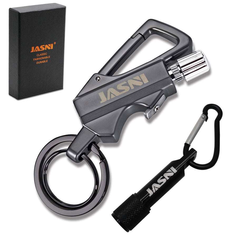 Keychain Multitool with Flint Metal Matchstick Fire Starter Bottle Opener Mountaineering Buckle Mini Flashlight Car Key Rings Kerosene Refillable Lighter EDC Gift Ideas Emergency