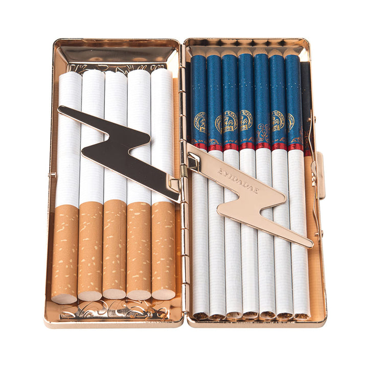 Metal Carry Cigarette Case, Double Sided Spring Clip,Holds 10 100mm Cigarettes (Vines Gold)
