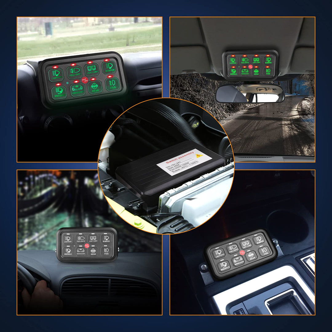 8 Gang Switch Panel, Universal Circuit Control Relay System Switch Box 8 On-Off Switch Pod Touch Control Panel Box with Label Stickers and Harness for Truck Pickup SUV UTV Boat Wrangler