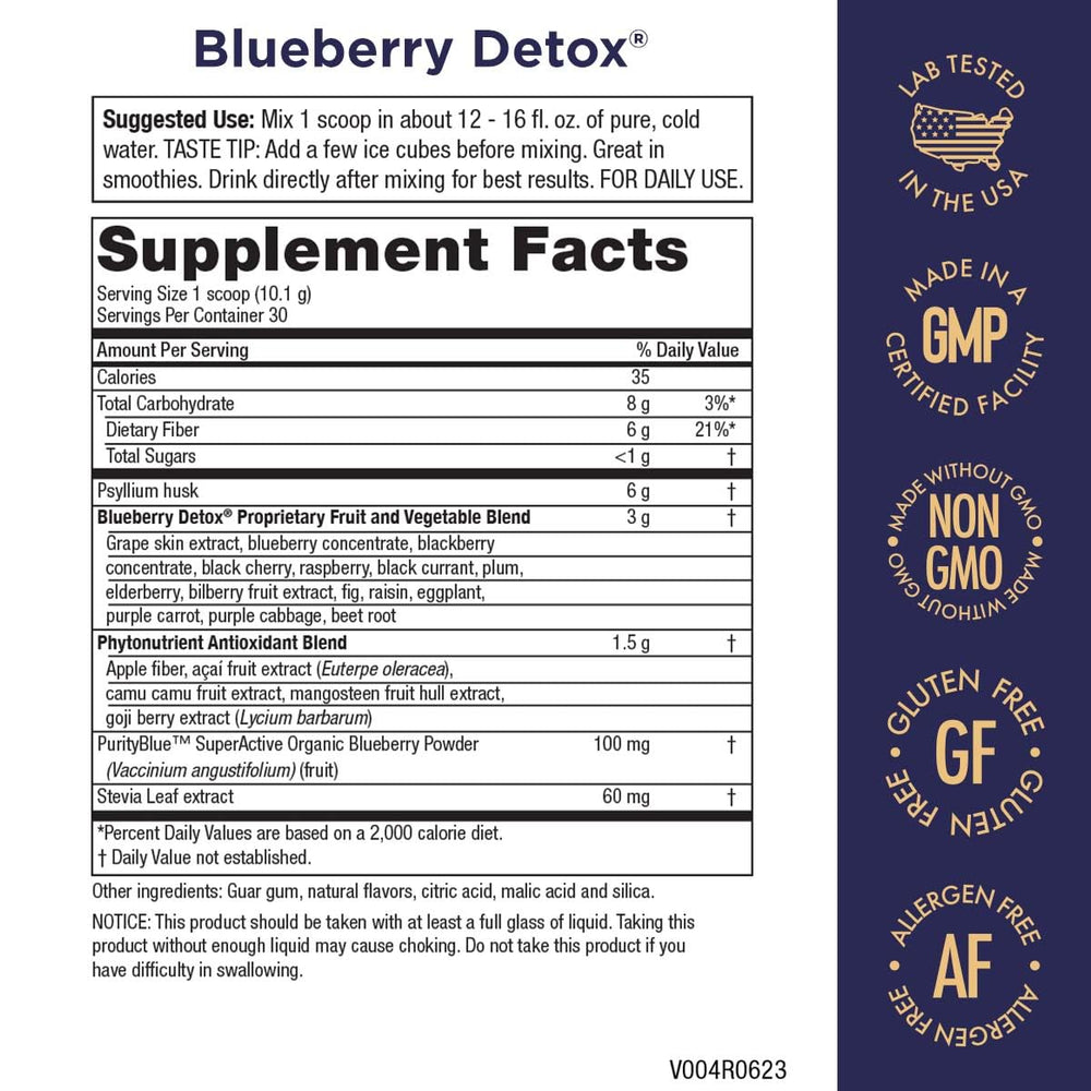Advanced Blueberry Detox Daily Fiber Formula Featuring PurityBlue Organic Wild Blueberries - A Full 6 Grams of Detoxifying, Regularity Promoting Prebiotic Fiber - 30 Servings
