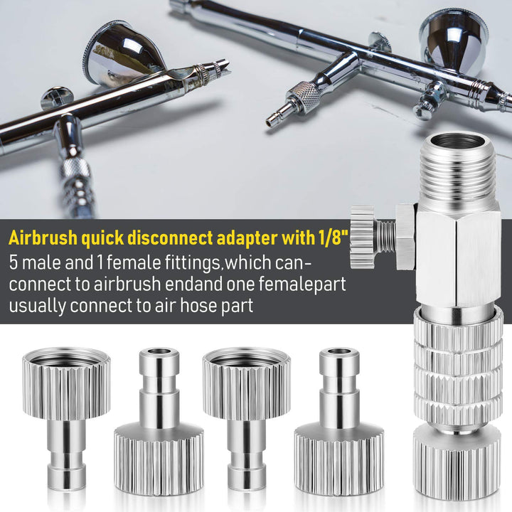 Airbrush Quick Release Coupling Adapter Kit Spray Gun Disconnect Adapter Set with 1/8 Inch 5 Male and Female Connectors and 1/8 Inch BSP Male and Female Connection with Adjustable Control Valve