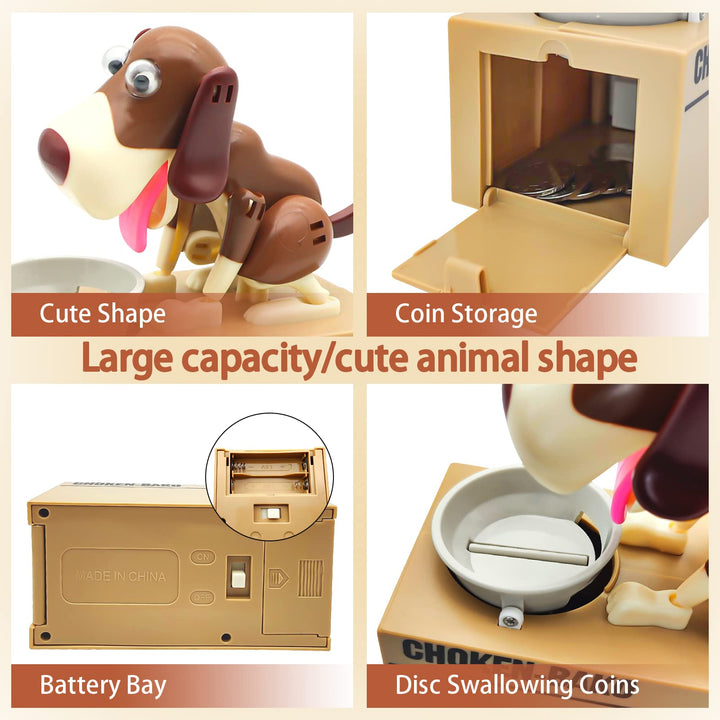 Cute Dog Piggy Bank, Hungry Puppy Stealing Coins Like Magic Coin Munching Money Bank Birthday Gift for Kids (Brown)