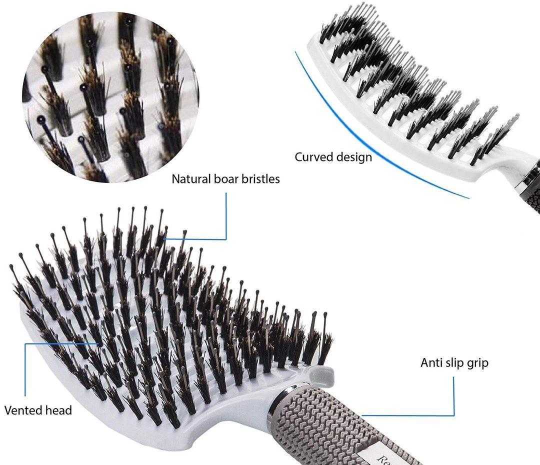 Boar Bristle Hair Brush set – Curved and Vented for Wet and Dry Detangling Hair Brush for Women Long, Thick, Thin, Curly &amp; Tangled Hair Vent Brush - Stocking Stuffers Gift kit