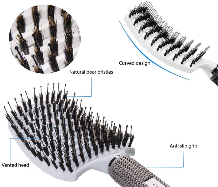 Boar Bristle Hair Brush set – Curved and Vented for Wet and Dry Detangling Hair Brush for Women Long, Thick, Thin, Curly &amp; Tangled Hair Vent Brush - Stocking Stuffers Gift kit