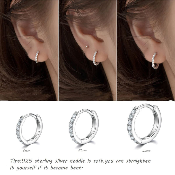 925 Sterling Silver Small Hoop Earrings, Cubic Zirconia Cartilage Huggie Earrings, 3 Pairs 14K White Gold Plated Small Silver Hoops for Women Men 10mm
