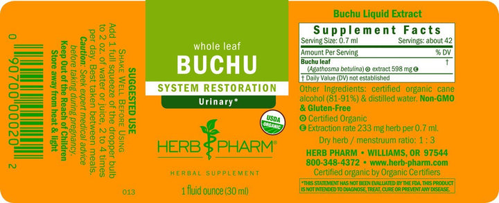 Certified Organic Buchu Liquid Extract for Urinary System Support, 1 Fl Oz