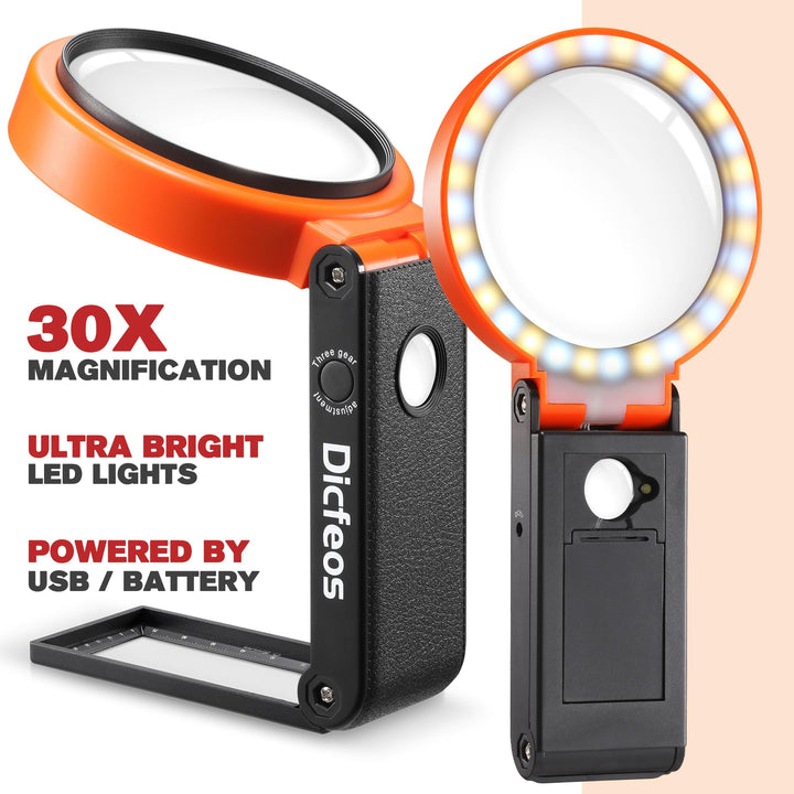 Dicfeos 30X 40X Magnifying Glass with Light and Stand, 