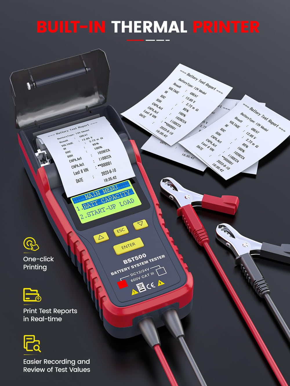 BST500 Battery Tester with Printer, 12V 24V Car Battery Load Tester Automotive, 99% Accuracy Auto Battery Analyzer Tester, Cranking Charging System Test Tool for Car Heavy Duty Truck SUV ATV RV