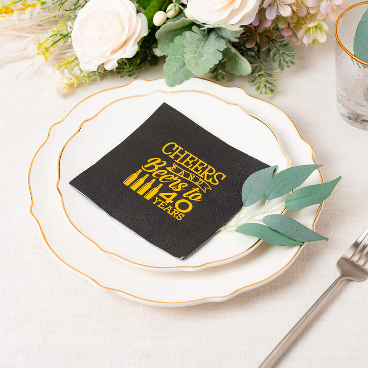 Crisky 40th Birthday Cocktail Napkins Black and Gold, B