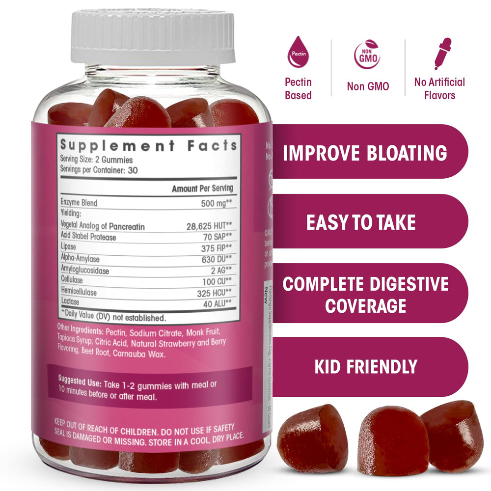 Digestive Enzymes Chewable Gummies: Helps Food Intolerance, Bloat, and to Digest Dairy, Carbs, Veggies, Protein, Fruit -Amylase Protease Lipase Lactase- Naturally Flavored Vegan Gummies. 60 Count