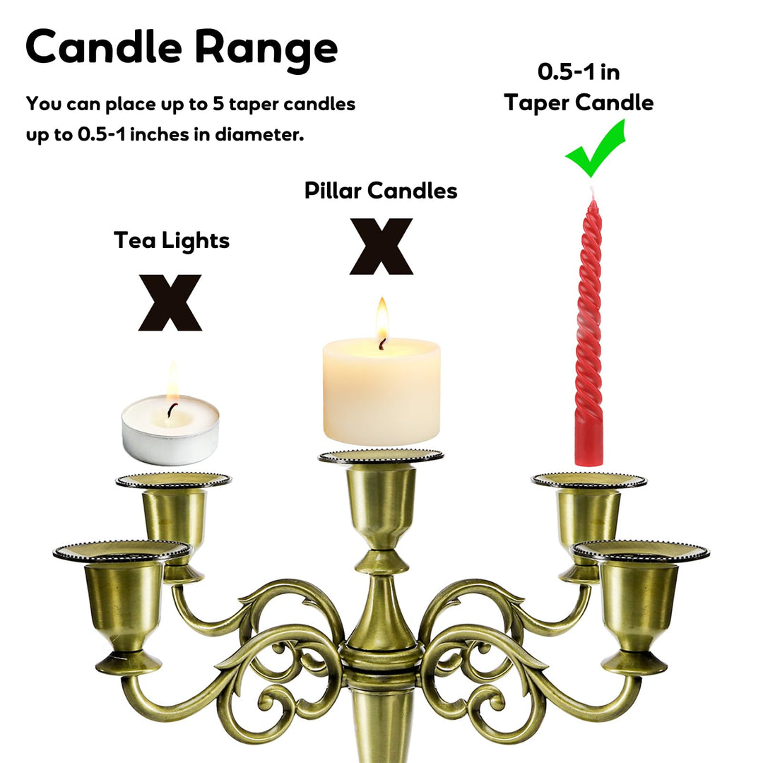 YOUEON 5 Arm Brass Candelabra, Candelabra Candle Holder, 10 Inch Tall Candlesticks Holder, Elegant Taper Candle Holder Centerpiece for Wedding, Church, Halloween, Dining, Home Decor
