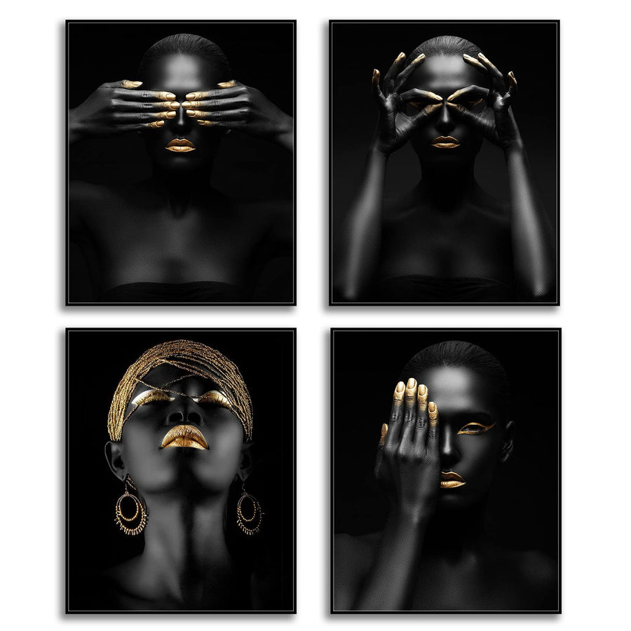 Golden Black Woman Wall Decor - Modern African American Paintings Canvas Artwork Pretty Girl Posters Prints Golden Lips Lady Pictures Decoration For Living Room Bedroom Bathroom UNFRAMED 8 x 10 Inches