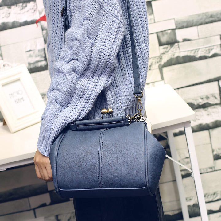 Women Small Retro Kiss Lock Pu Leather Vintage Purses and Handbags Tote Bags Navyblue