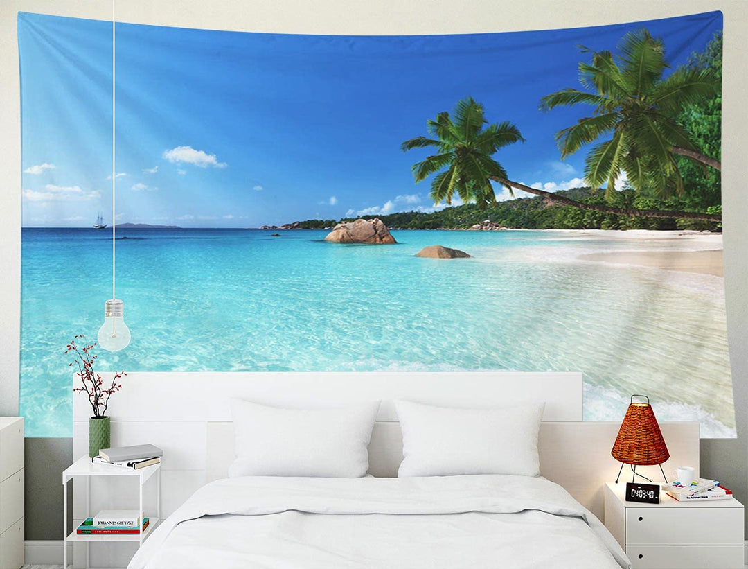 Beach Palm Tropic Tree Tapestry Ocean Sea Island Landscape Tapestry Sun Water Blue Sky Paradise Tapestry Coconut Summer Tropical Wall Hanging 80X60 Inch for Living Room Bedroom Décor