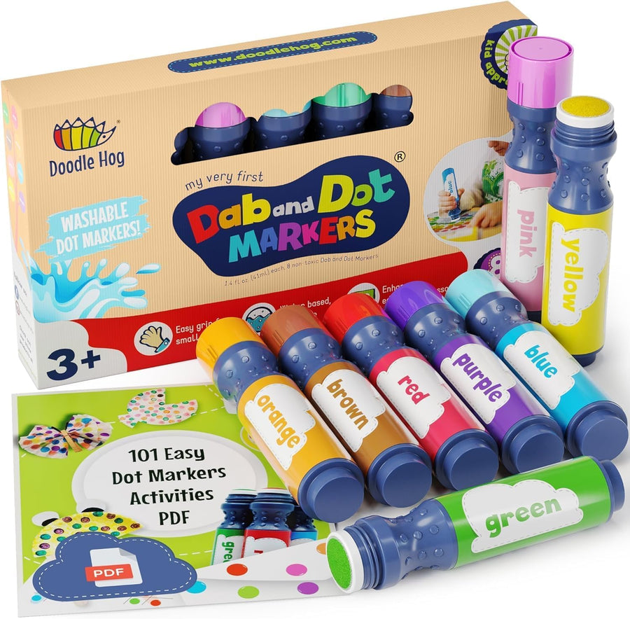 Washable Dot Markers for Toddlers Kids Preschool | 8 Colors Bingo Markers | Non Toxic Toddler Arts and Crafts Supplies | Paint Markers for Kids | PDF with 200 Dot Art Activity Sheets