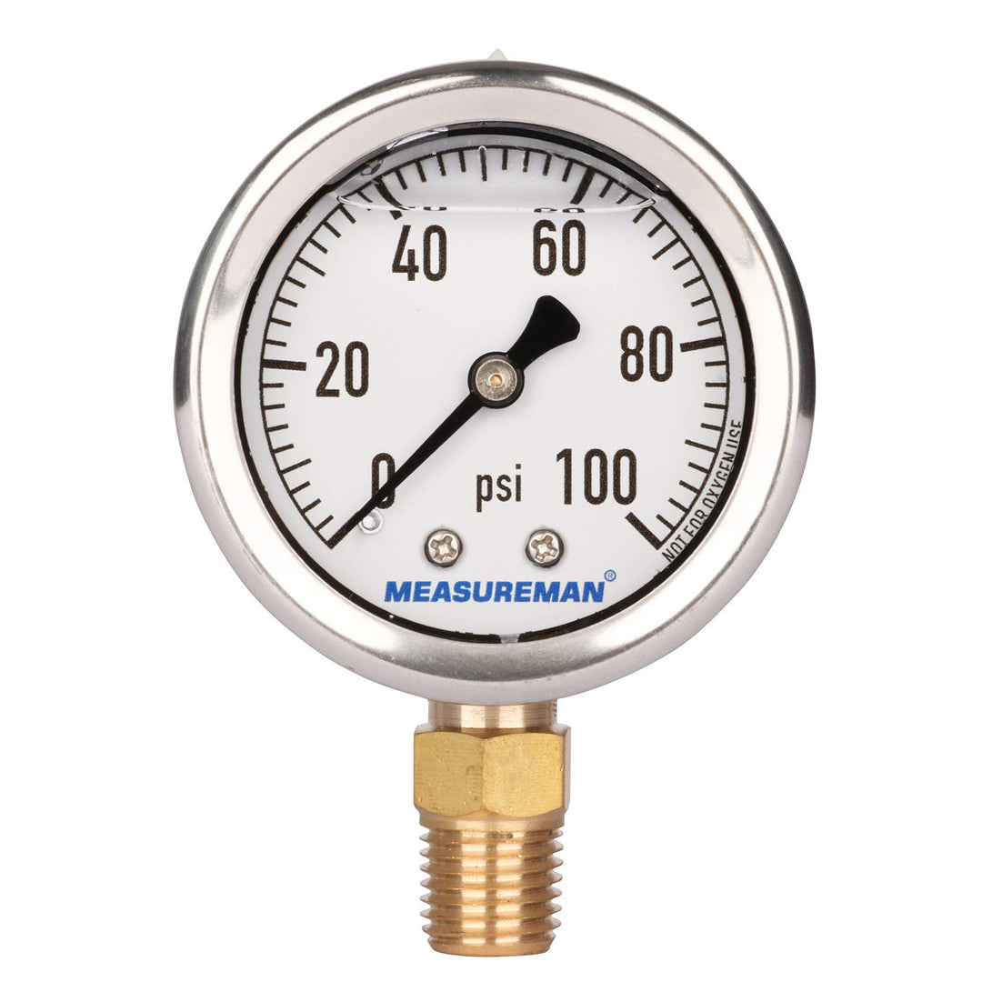 2 Dial Size, Glycerin Filled Plumbing Pressure Gauge, 0-100psi, Black Steel Case, 1/4 NPT Lower Mount