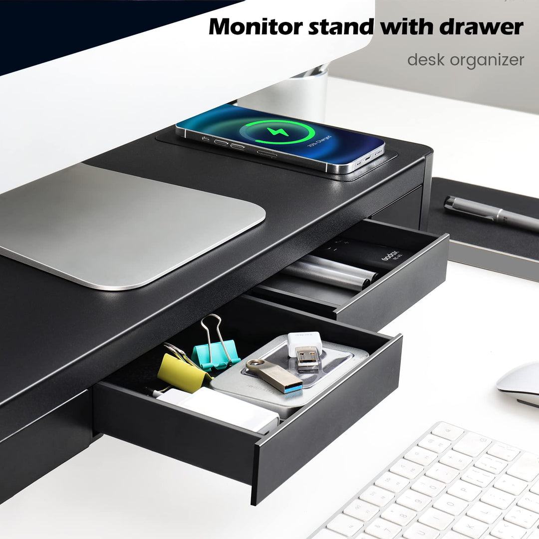 3 In 1 Monitor Stand Riser with 2 Drawers,1 Wireless Charging Module and 4 USB Ports,Metal Computer Stand Support Transfer Data &amp; Charging,Desk Organizer for PC,iMac (21 inches)