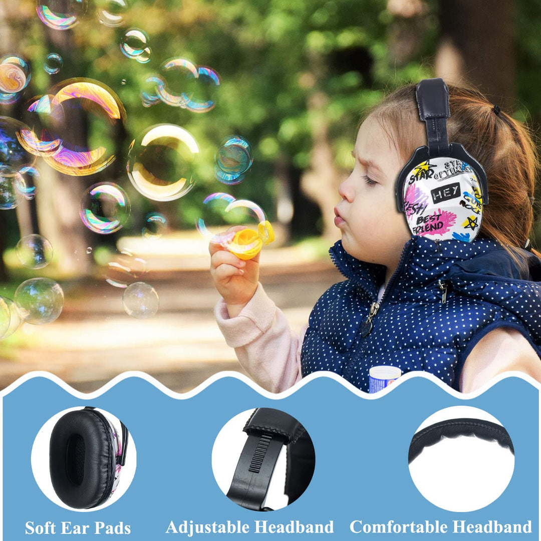 Kids Ear Protection Safety Ear Muffs, NRR 25dB Noise Reduction Children Earmuffs, Hearing Protectors for Sleeping, Studying, Airplane, Concerts, Fireworks - Graffiti with Black Band