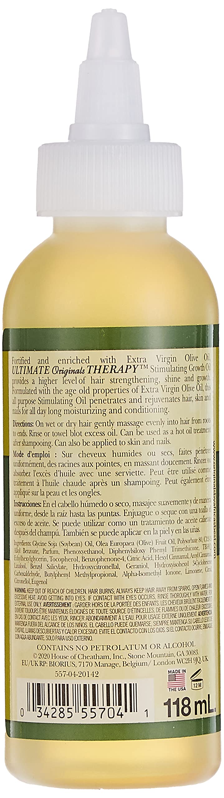 Originals by Africa&#39;s Best Therapy Extra Virgin Olive Oil Stimulating Growth Oil, Penetrates &amp; Rejuvenates Hair, Skin and Nails, All Day Long Moisturizing &amp; Conditioning, 4oz Bottle