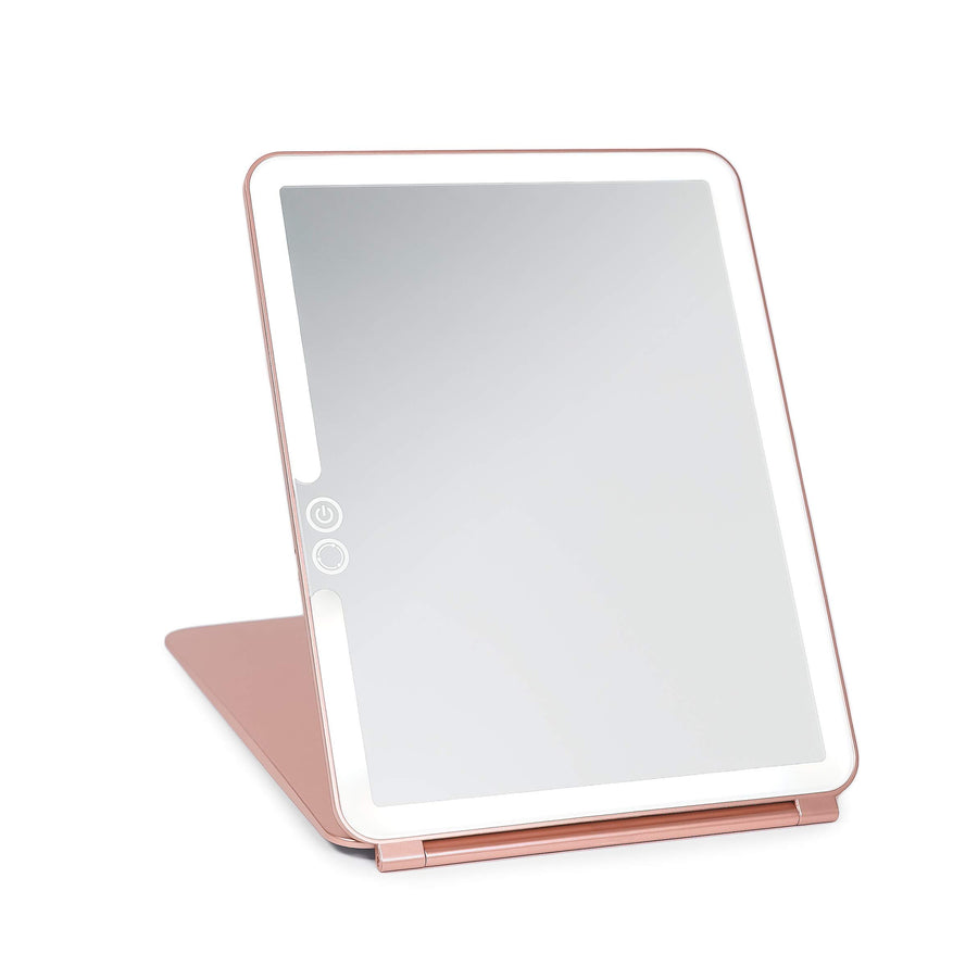 Eclipse LED Lighted Travel Vanity Makeup Mirror | 3 Colour Light, Compact, Portable, Lighted, Rechargeable, Illuminated Mirror | Perfect for Travel, Makeup & Beauty Needs | Rose Gold