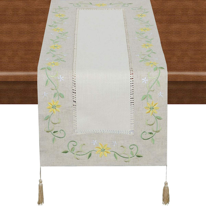 Small Short Hemstitched Spring Floral Table Runners with Four Tassels, Dresser Scarves (15x42 inch)