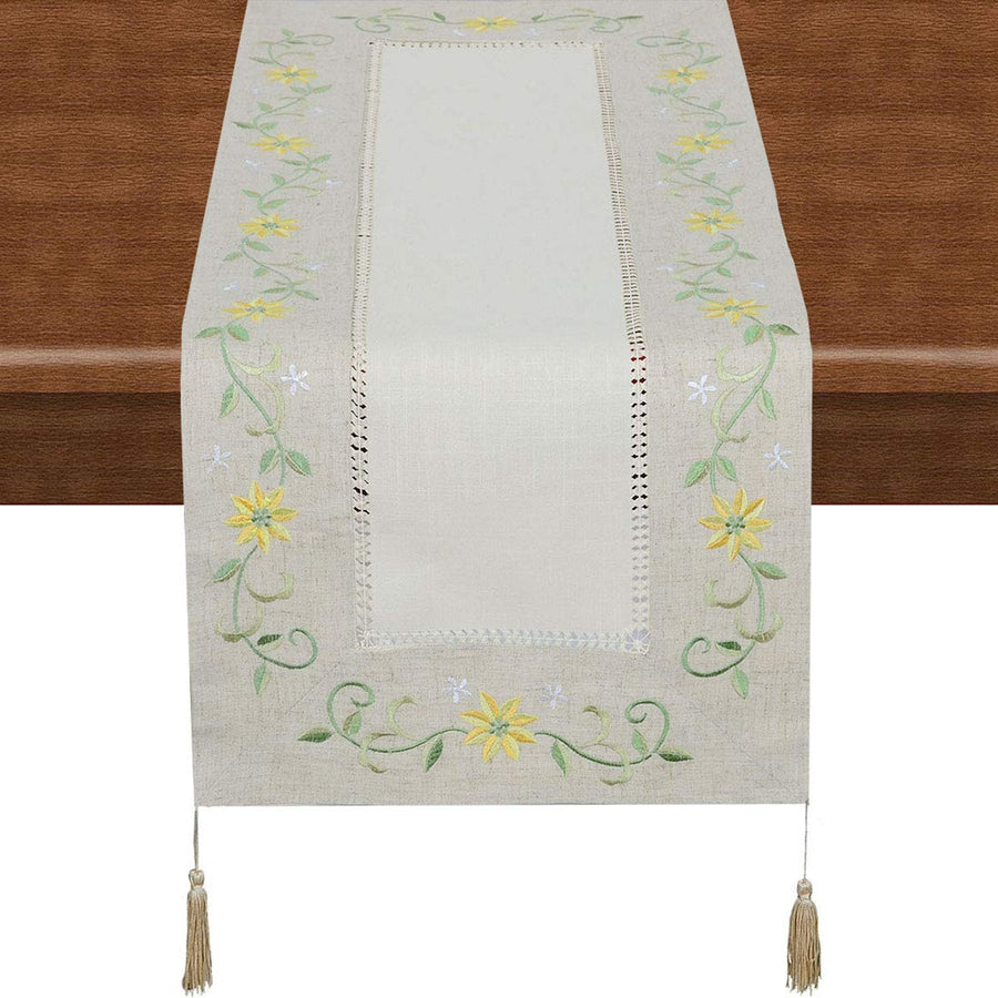 Small Short Hemstitched Spring Floral Table Runners with Four Tassels, Dresser Scarves (15x42 inch)
