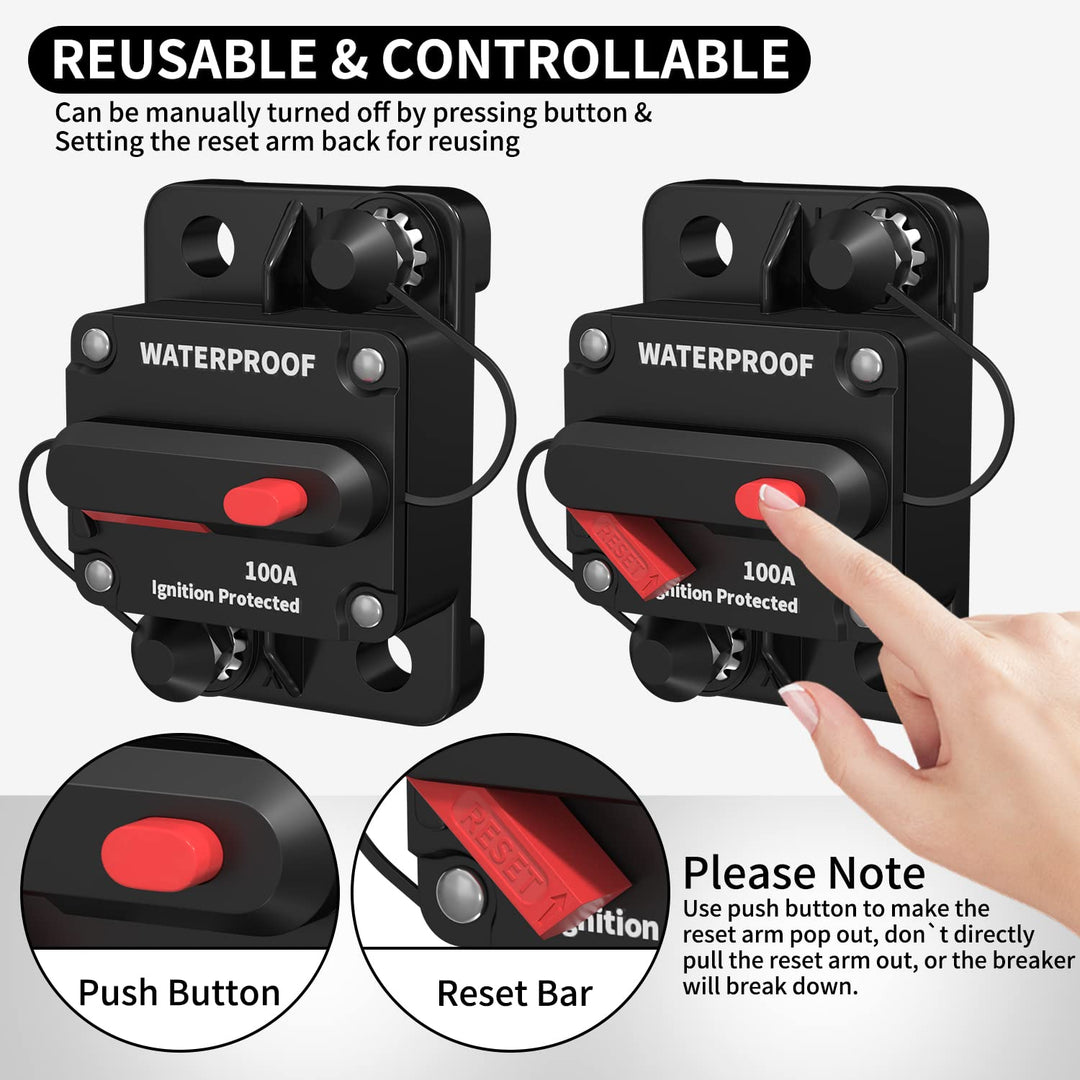 DaierTek 100 Amp Circuit Breaker 12V - 48V, DC 12 Volt Circuit Breaker 100A Inline with Manual Reset Waterproof for Marine Boat Trolling Automotive Car RV ATV Audio-2Pack