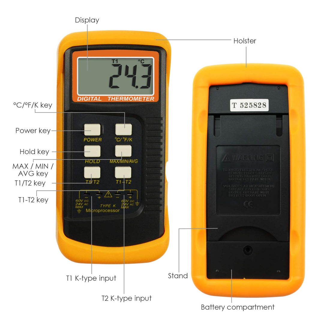 Digital K-Type Thermometer Dual Channel Thermocouple Thermometer with 2 Thermocouples, Measuring Range: -50 to 1300°C (-58 to 2372°F), High-Temperature Meter Measurement Sensor