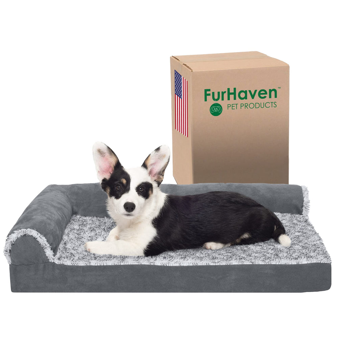 Orthopedic Dog Bed for Medium/Small Dogs w/ Removable Bolsters &amp; Washable Cover, For Dogs Up to 35 lbs - Two-Tone Plush Faux Fur &amp; Suede L Shaped Chaise - Stone Gray, Medium