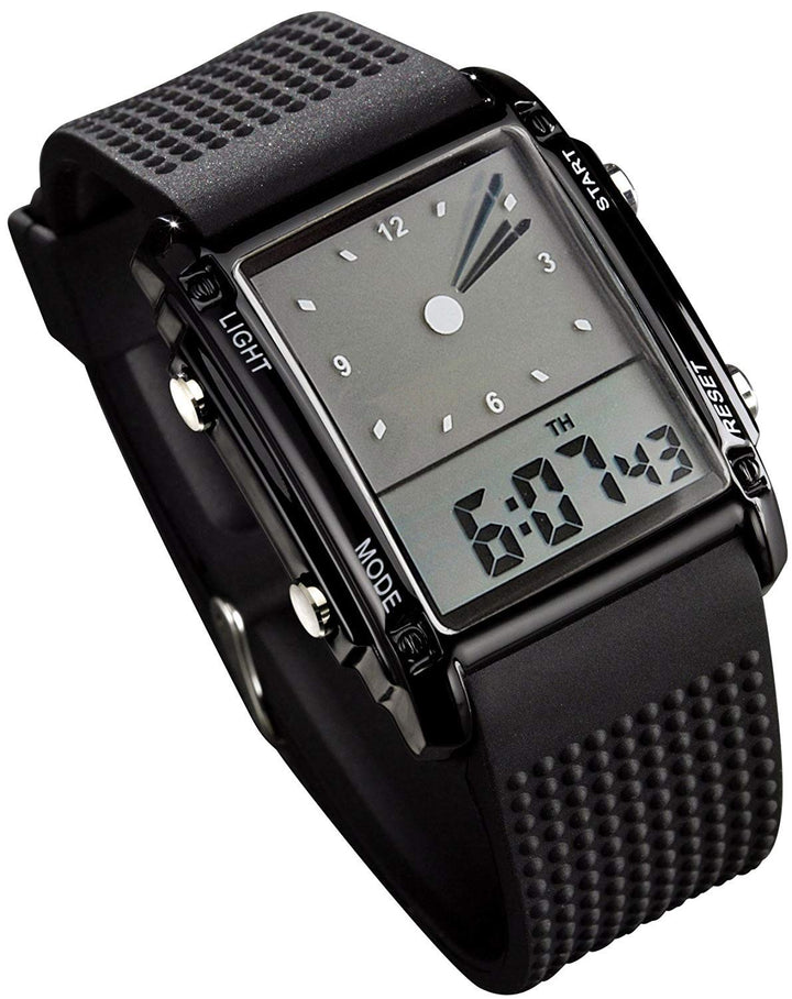 Men&#39;s Rectangle Dial Sports Wrist Watches with 7 Colors Optional LED Backlight Multifunctional Alarm Stopwatch 12/24H Rubber Strap Watch