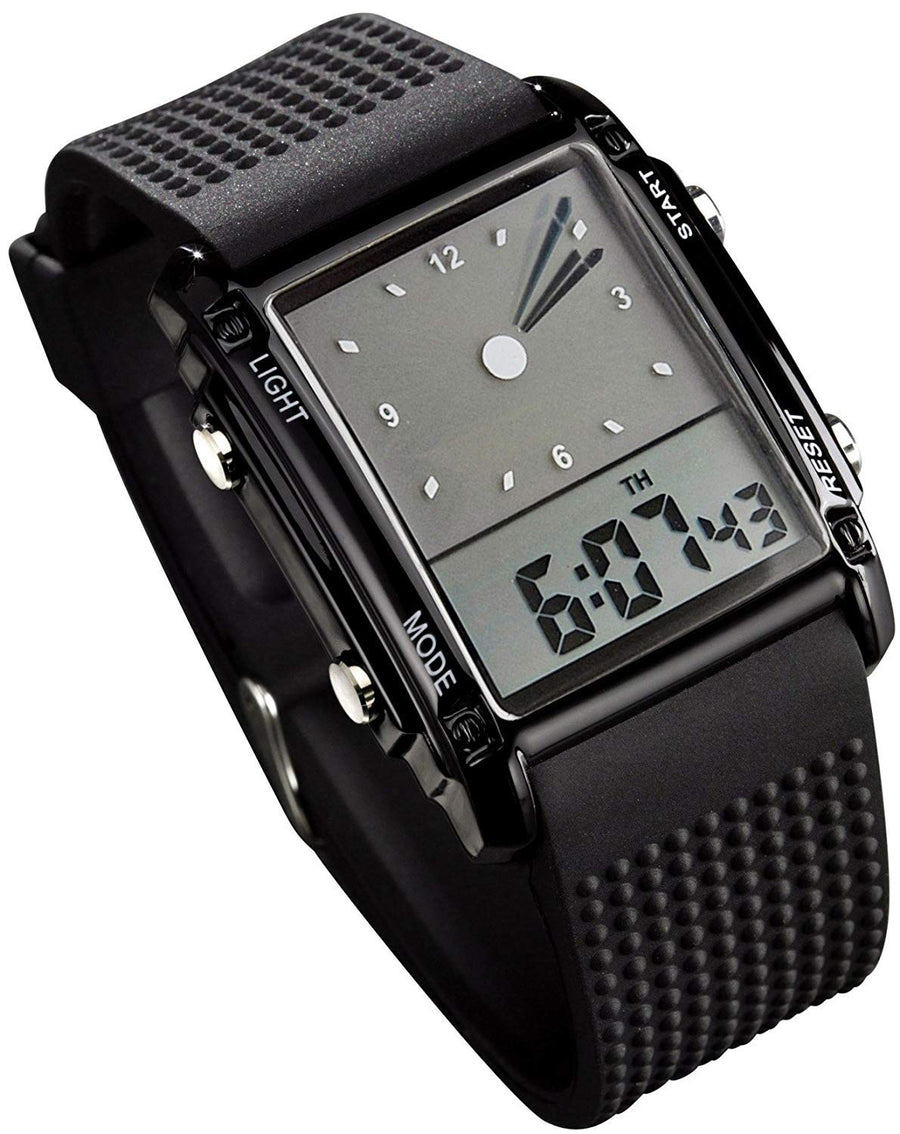 Men's Rectangle Dial Sports Wrist Watches with 7 Colors Optional LED Backlight Multifunctional Alarm Stopwatch 12/24H Rubber Strap Watch