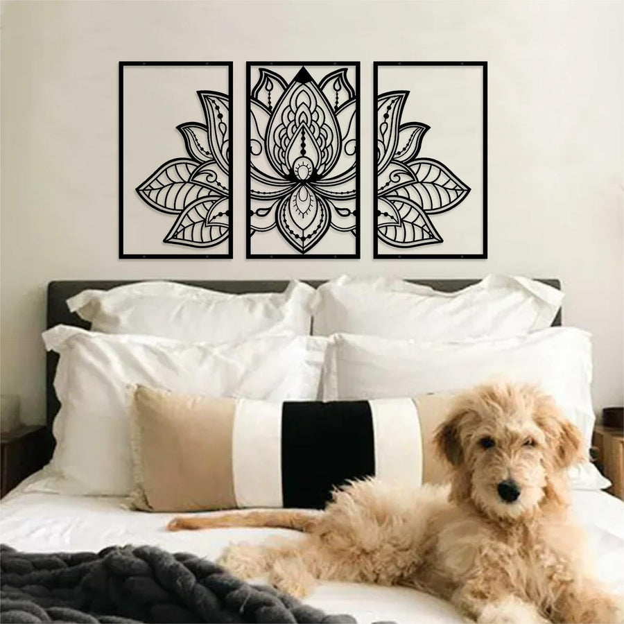 Large Lotus Flower Metal Wall Art 3-piece Set, Religion Faith Mandala Home Wall Decoration for Living Room, Bedroom, Office and Yoga Room