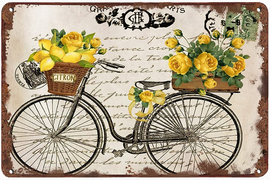 Retro Tin Sign Vintage Lemon and Roses Bicycle Kitchen Decor Summer Decor Funny Wall Decor for Home Cafes Office Store Pubs Club Plaque Tin Sign 12 X 8 INCH Sign Gift