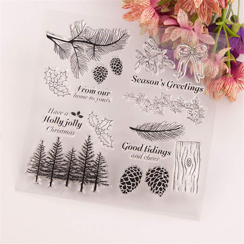 Winter Trees Branch Leaves Pine Cones Bow Clear Rubber Stamps for Card Making and Scrapbooking Christmas Wishes Words Silicone Stamps (T1641)