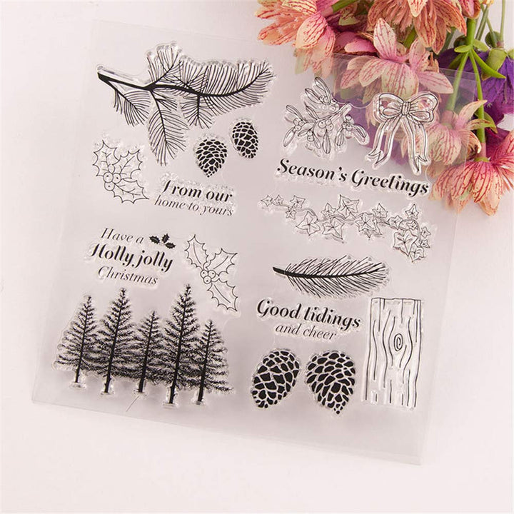 Winter Trees Branch Leaves Pine Cones Bow Clear Rubber Stamps for Card Making and Scrapbooking Christmas Wishes Words Silicone Stamps (T1641)