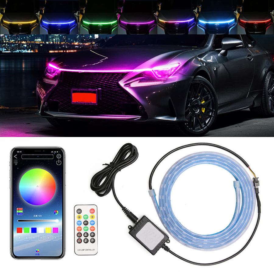 Exterior Car LED Strip Lights, 59 inches RGB LED Strip Lights for Car, Flexible LED Car Hood Strip Light, APP and Remote Control Waterproof Daytime Running Light for Cars, SUVs,Trucks