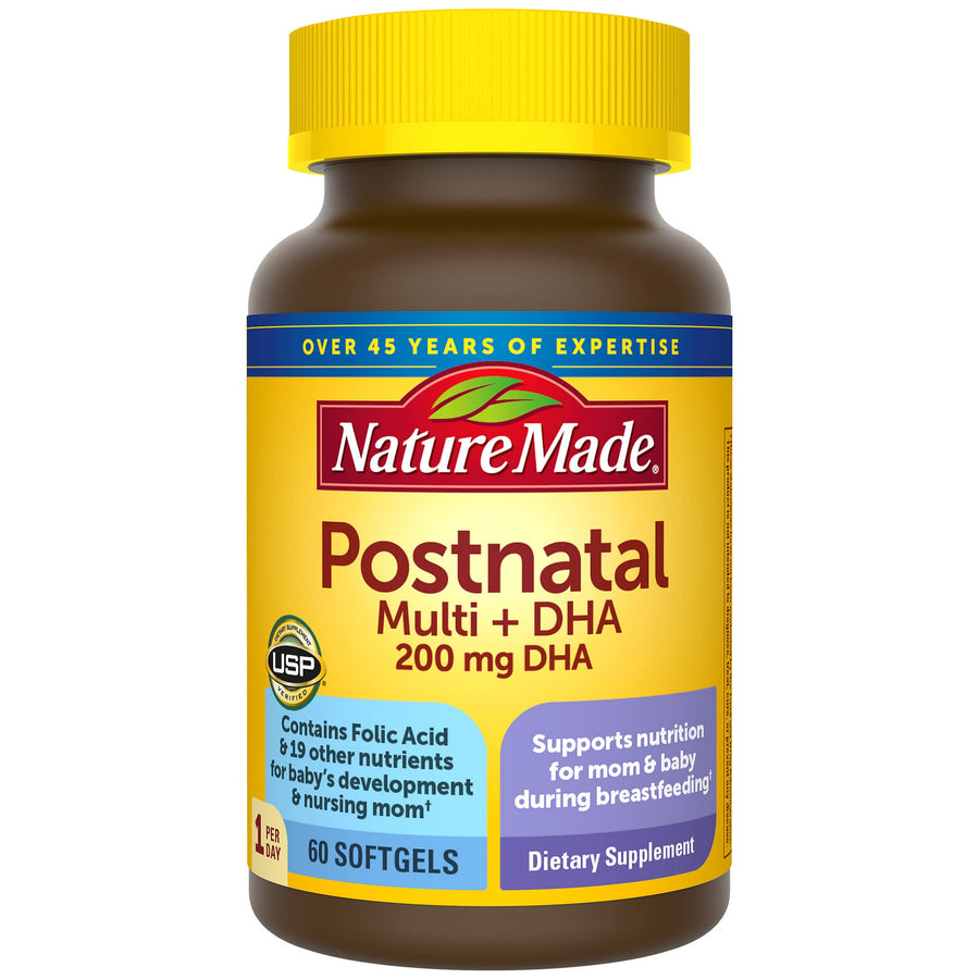 Postnatal Multivitamin + DHA 200 mg, Postnatal Vitamins for Breastfeeding Moms & Babies, Vitamins & Nutrients Include Iron, Vitamin D3, Calcium, Iodine and More, 60 Softgels