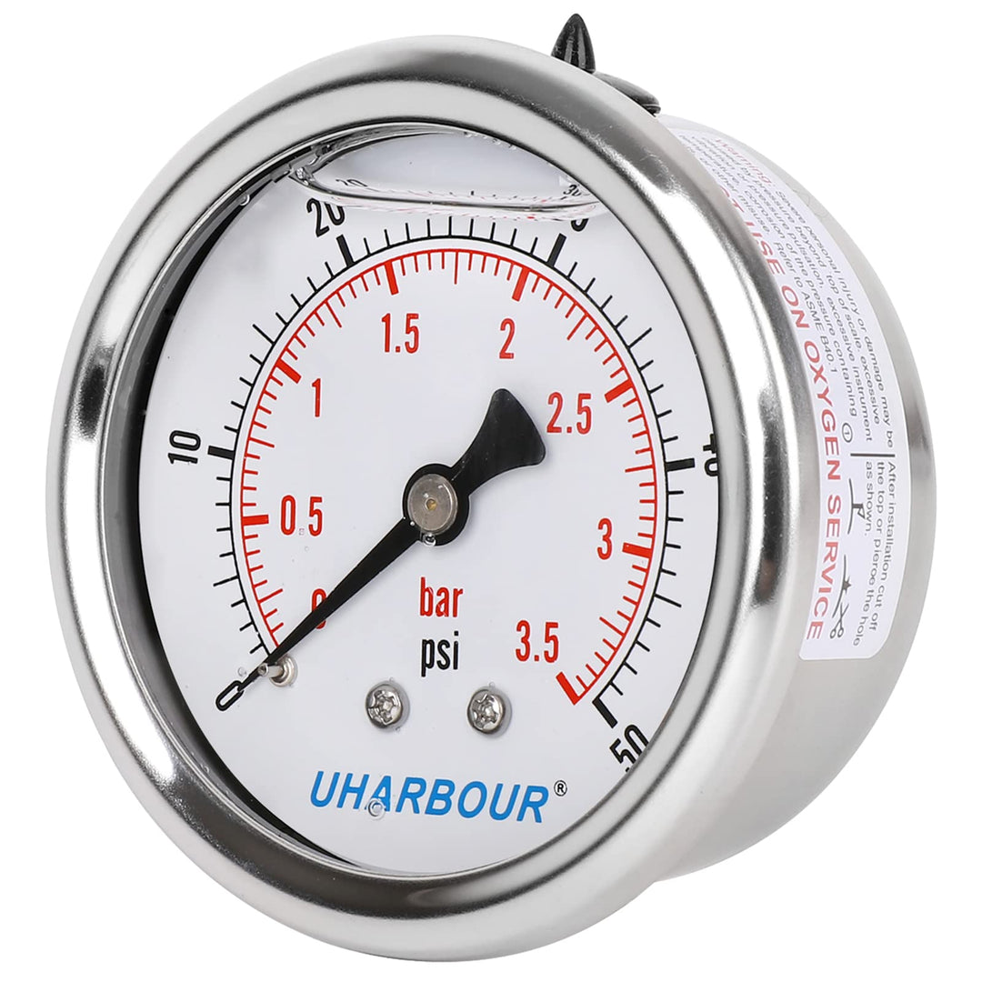 UHARBOUR Glycerin Filled Low Pressure Gauge 50psi/3.5bar, Stainless Steel case, Brass Inside Construction, 2-1/2 dial, 1/4NPT Back Connection.…